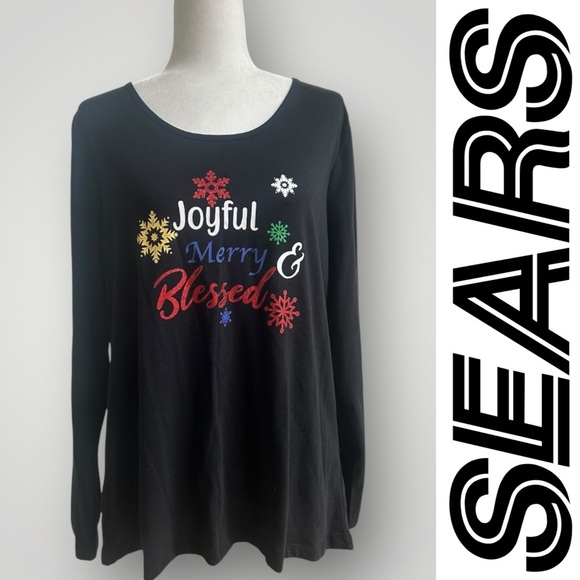 Sears Tops - NWT Sears Black Festive Women's Long‎ Sleeve Tee, Size XL, MSRP $20